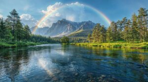 Mountain River with Forest And Rainbow Arching above Peaks
